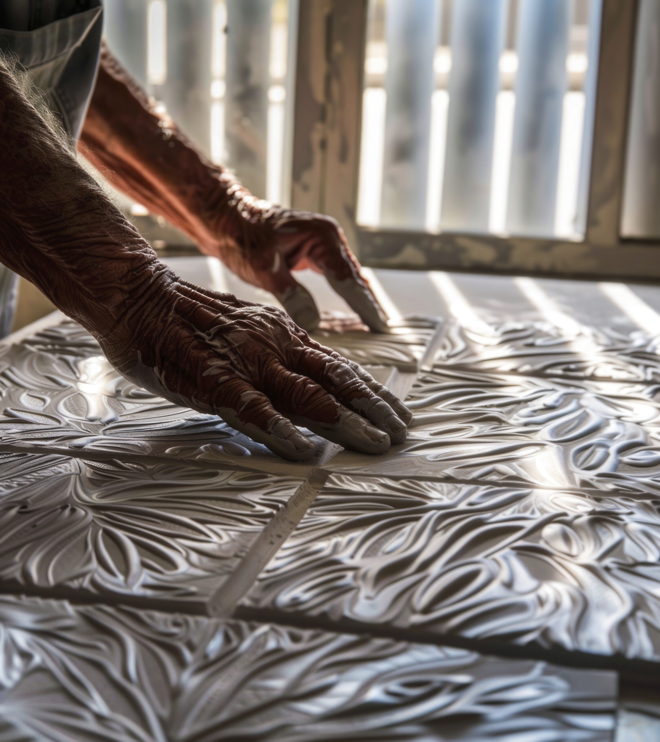 Elderly White Hands Engraving a Clay Tile: Focused view of elderly white hands engraving intricate patterns into a hard clay tile, with natural light streaming in from above, casting gentle shadows and highlighting the earthy tones of the pottery shop's decor. --chaos 14 --ar 65:73 --style raw --stylize 50 Job ID: 0fe53129-7b18-4de7-a1b2-125f305588a4